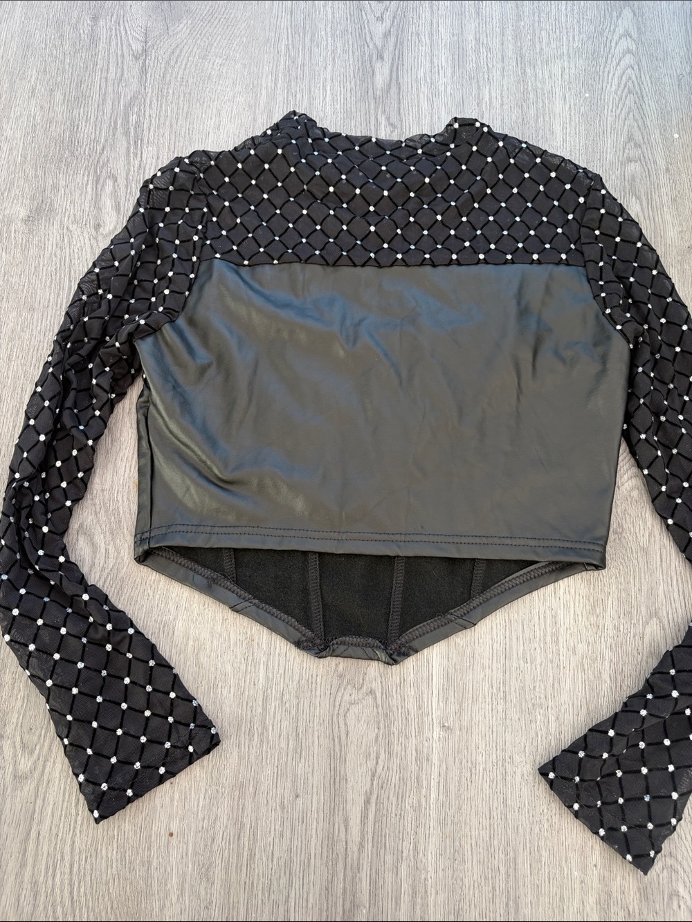 SHEIN Black Faux Leather & Diamond Mesh Long-Sleeve Bodysuit